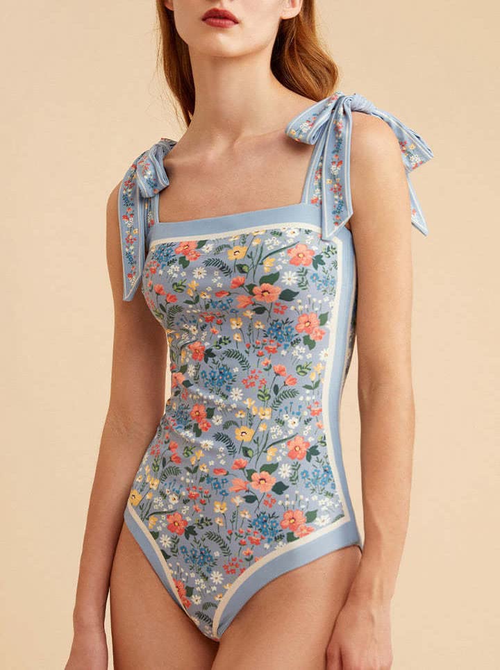 Women's One Piece Swimsuit Floral Print Bathing Suit Tummy Control Reversible Tie Shoulder Swimming Swimwear Suits2