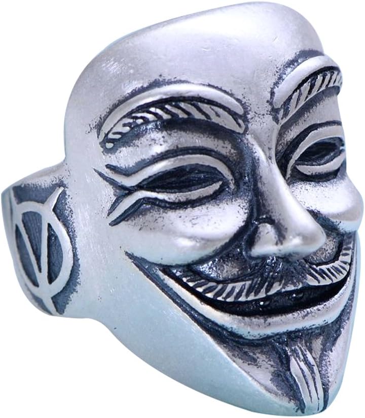 Vintage Matte 990 Sterling Silver Anonymous V for Vendetta Ring Face Mask Ring for Men Women Open Adjustable