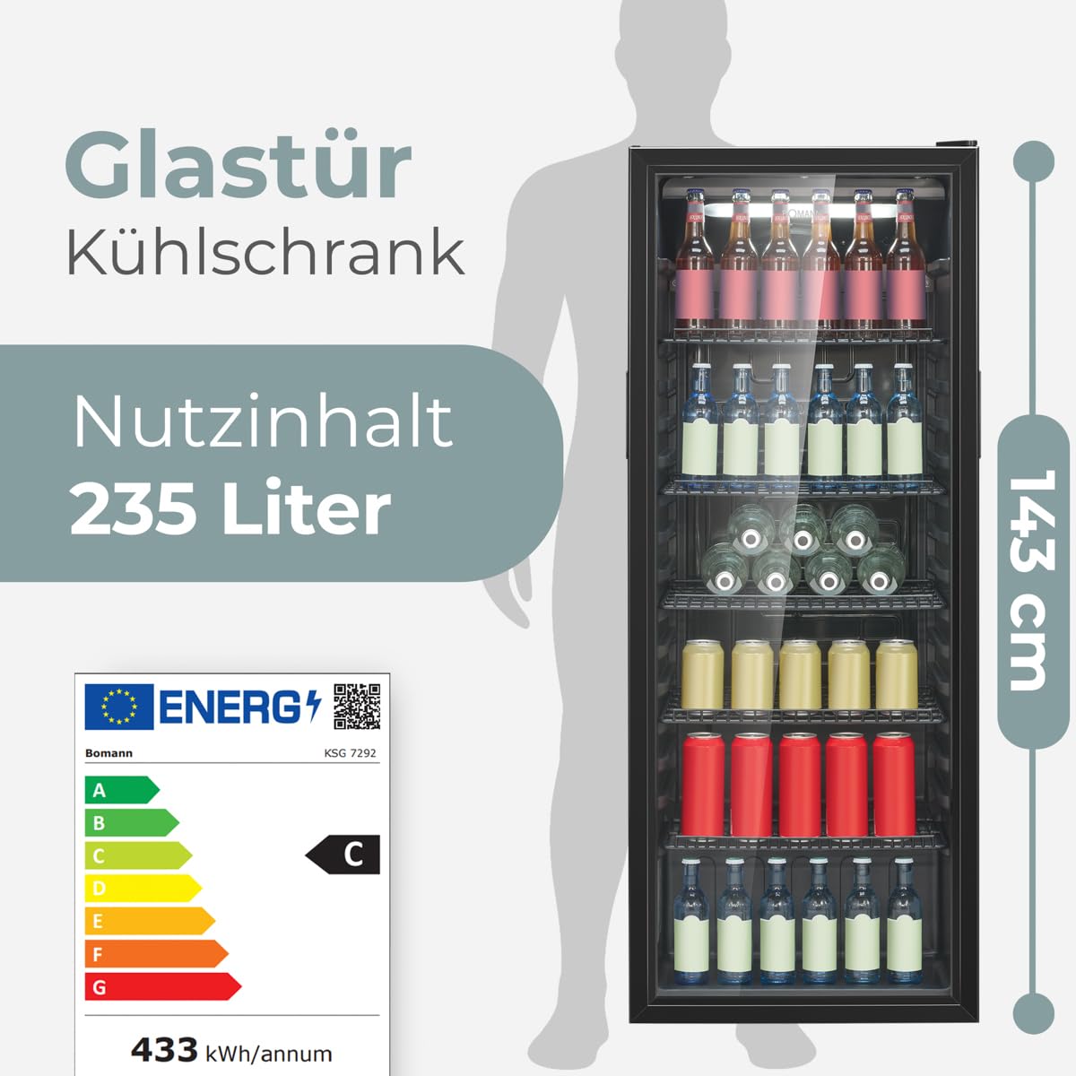 Bomann KSG 7292 Kühlschrank mit Glastür 236L Energieklasse C Getränkekühlschrank 2-12°C MultiAirflow schwarz