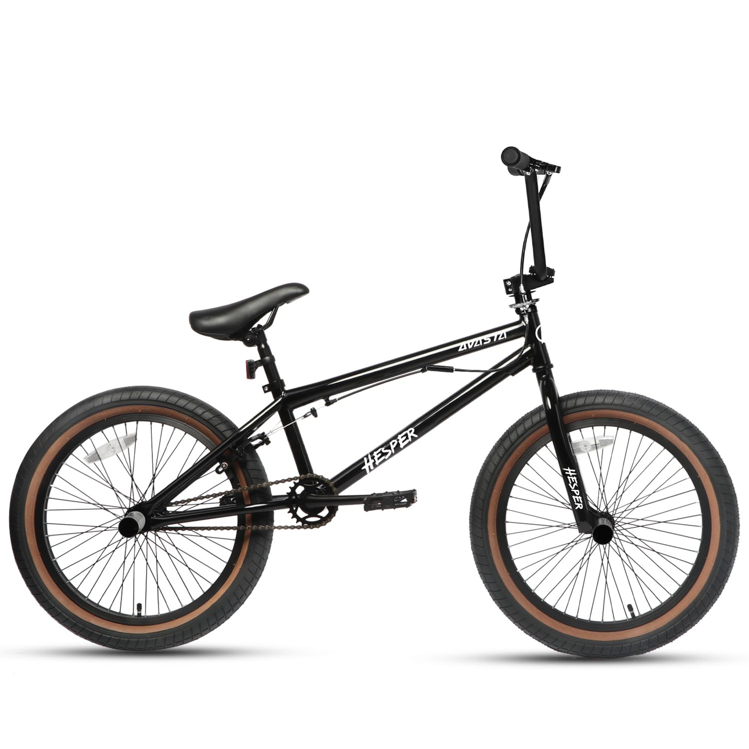 AVASTA Hesper Bicicleta infantil de 20 pulgadas Freestyle BMX con 4 Pegs Bicicletas para niños de 6 a 14 años y principiantes, color negro con neumáticos marrones