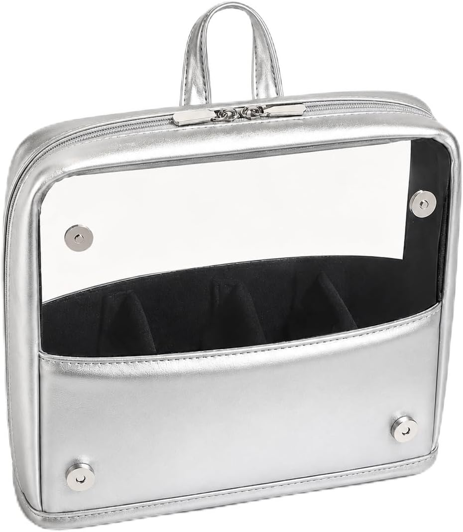 YDR Standing Makeup Brush Bag - Clear Portable Travel Cosmetic Pouch, Large Capacity Foldable Makeup Brush Holder, Water-Resistant Professional Makeup Tool Case for Women & Artists (Silver)