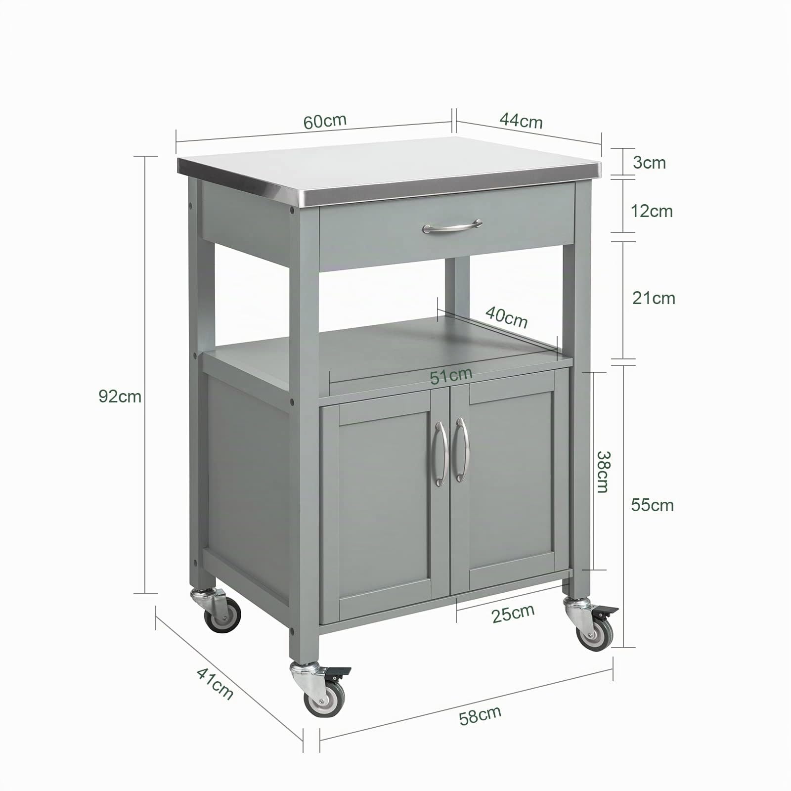 SoBuy Carrito Cocina con Ruedas, encimera INOX & 4 Ruedas, 60x92x44cm | Mueble Auxiliar con cajón, estante abierto & armario de 2 puertas, compacto, MDF, cocina & exterior & dormitorio, FKW22-HG