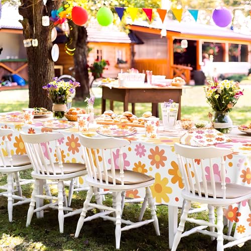Image of Groovy Party Supplies Daisy Groovy Tableware Set Serves 24 Include Boho Daisy Tablecloth Hippie Tableware Set for Boho Hippie Retro Birthday Baby Shower Party Decor