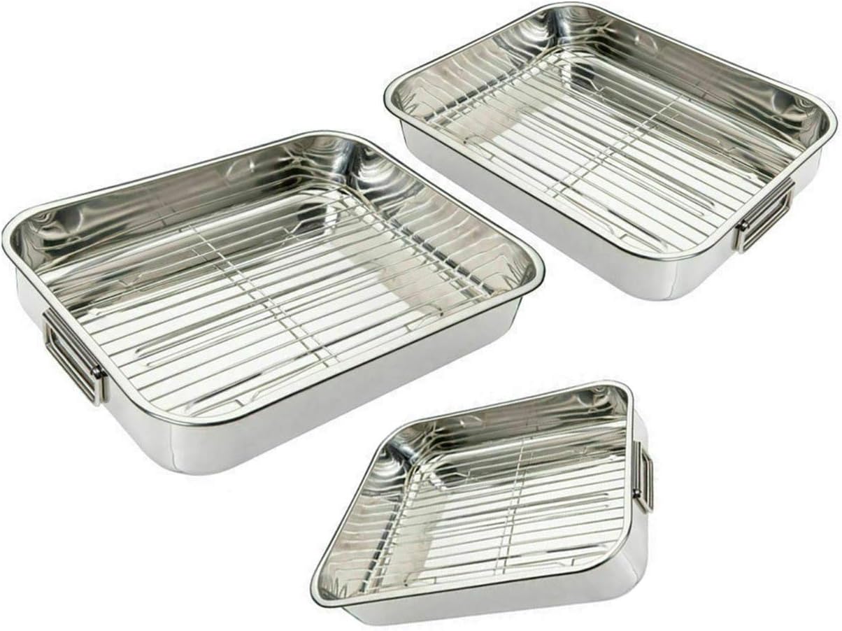 Stainless Steel Baking Tray - Oven Cooker Grill Pan Roasting Tray with Steel Wire Rack - Set of 3 Trays | Small, Medium, Large