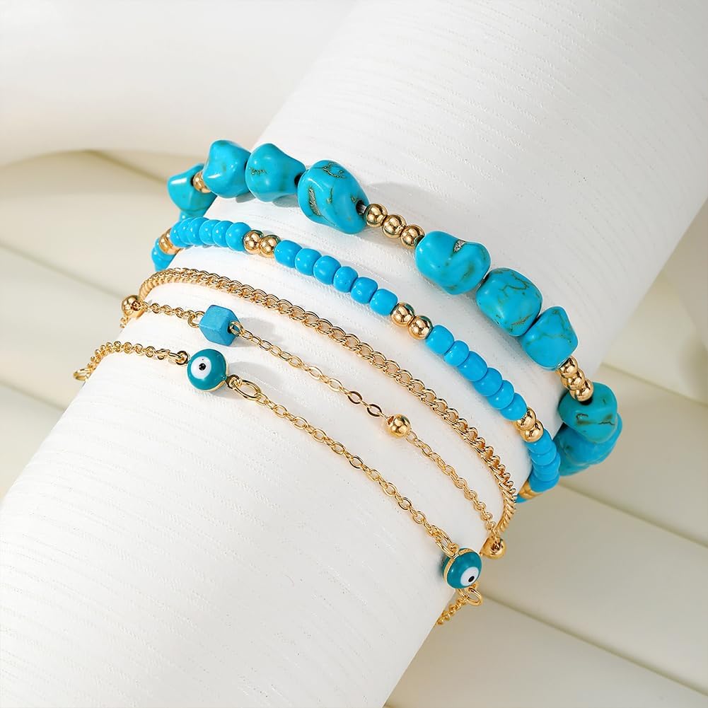 Gold Turquoise Beaded Western Jewelry for Women Fashion Stackable Irregular Turquoise Bead Bracelets Elastic Stack Evil Eyes Bracelet Boho Accessories - Image 6