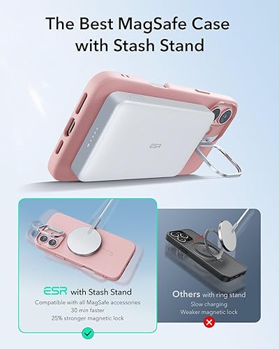 Vista 302 de ESR - Funda para iPhone 15 compatible con MagSafe, funda protectora de grado militar con soporte integrado, cubierta trasera resistente a