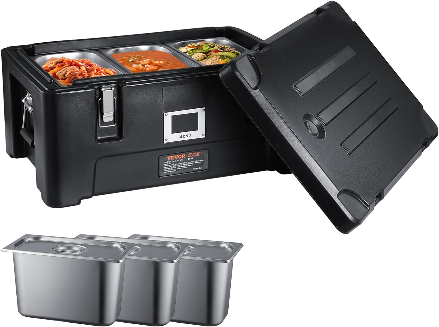 VEVOR Insulated Food Pan Carrier, 36Qt Capacity, Stackable Catering Hot Box with 3 Stainless Steel Pans, Top Load LLDPE Food Warmer with Elastic Side Handles and Buckles, for Restaurant Canteen, Black