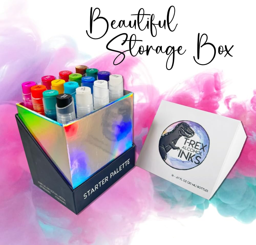 T-Rex Inks Starter Palette Alcohol Ink Set - Vibrant Professional Quality, 16 Colors, Huge 20ml Bottles, Intensely Saturated, High Gloss, for Painting, Tumblers & Epoxy Resin Art