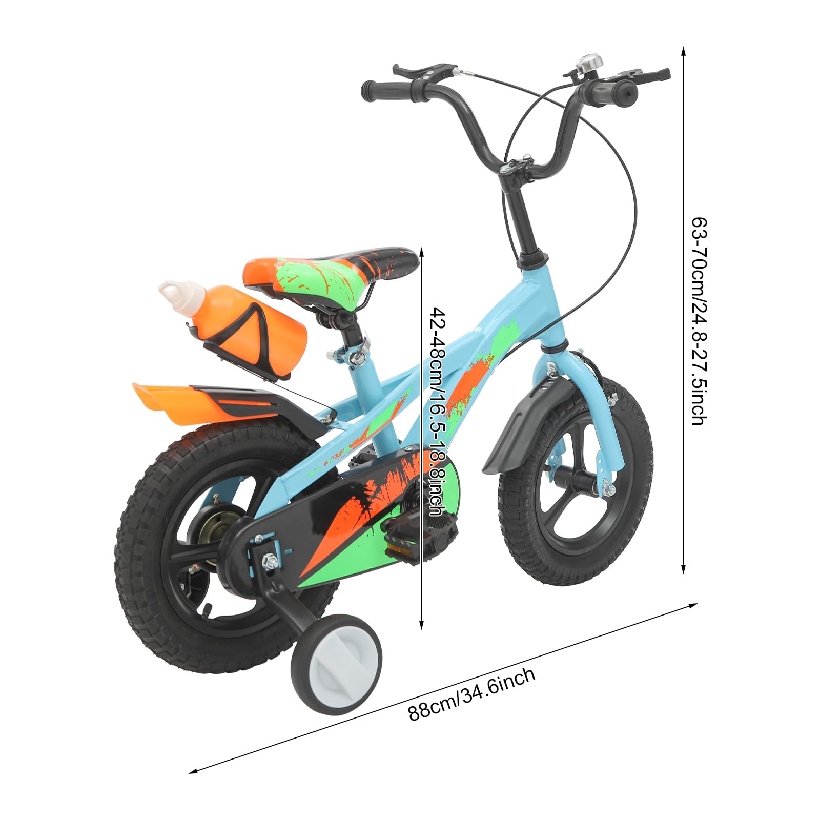 Bicicleta infantil de 12 pulgadas, bicicleta infantil colorida con ruedas estabilizadoras y botella de agua, altura ajustable para niños y niñas