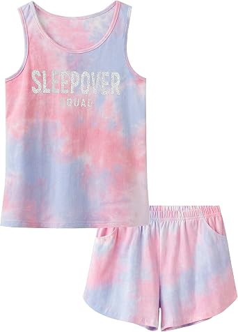 Beezizac Girls Tie Dye Pajamas, 100% Cotton Sleepover Theme, Size 4T-18