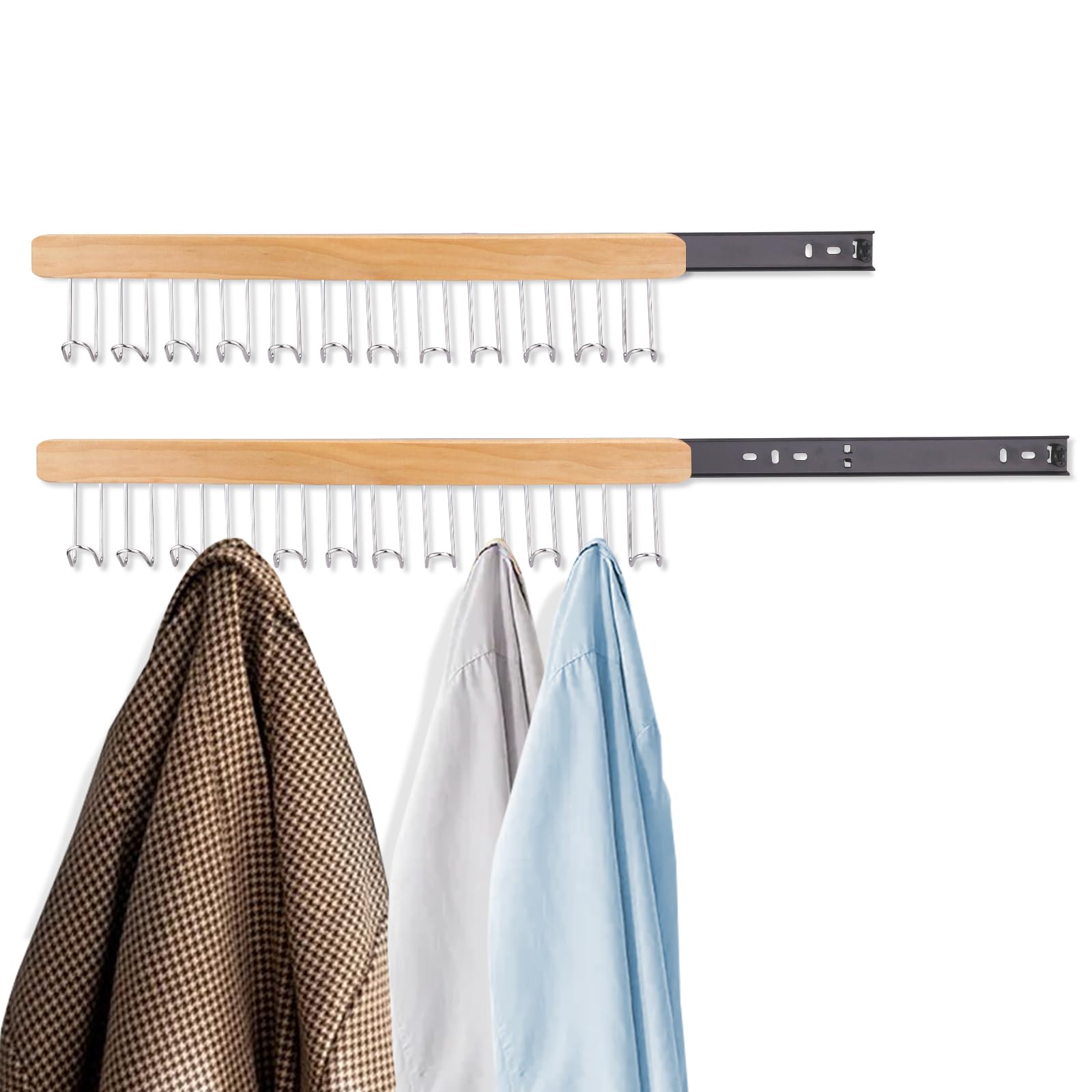 Diakey 2 Pack Valet Rods For Closets, 12 Hooks Closet Valet Rod Slide Out, Belt Hanger Wardrobe Pole Extender, Bra Organizer For Ties, Scarves, Cap, Tank Top, Left