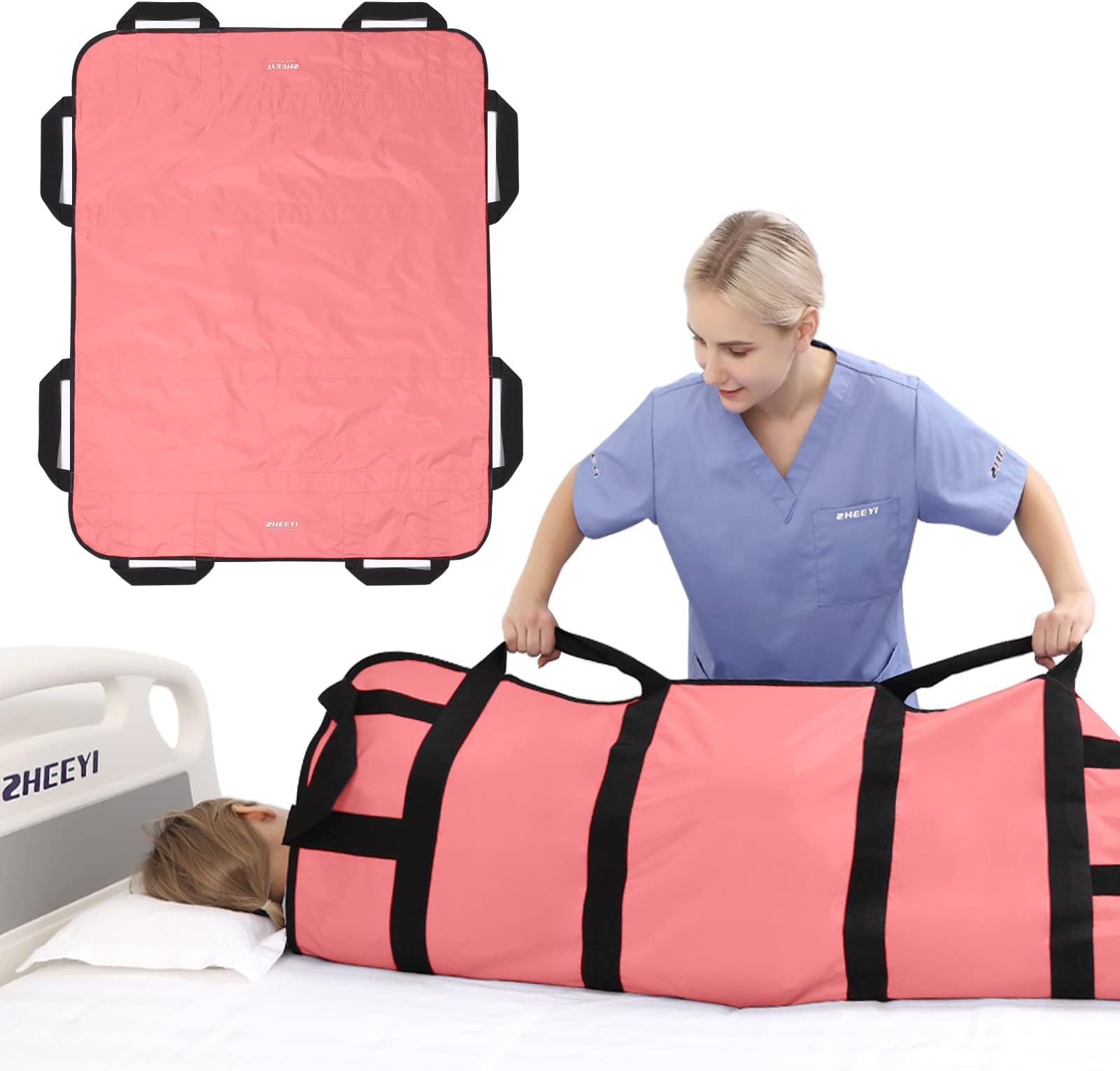 Multipurpose 48" x 40" Positioning Bed Pad with Reinforced Handles - Reusable & Washable Patient Sheet for Turning, Lifting & Repositioning - Double-Sided Nylon Fabric, Pink