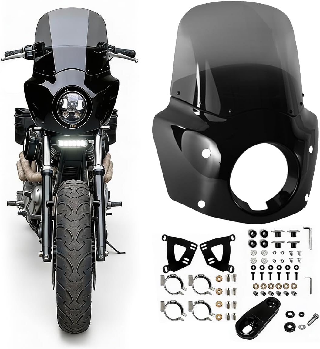 Motorcycle Fairing 5.75" Headlight Fairing with 13" Motorcycle Windshield 39mm Mounting Hardware for Harley Sportster 1100 1200 Iron 883 HD Dyna(Smoke)