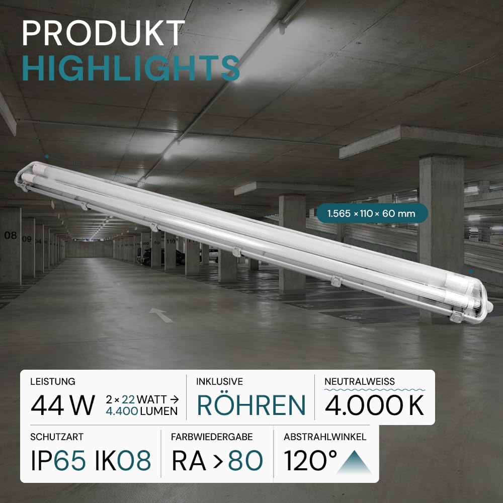 LUXULA LED Wannenleuchte 150cm mit 2x 22W LED Röhren T8 G13 Sockel, 4000K Neutralweiß, 4400lm - IP65 Feuchtraumleuchte für Werkstatt Keller Garage