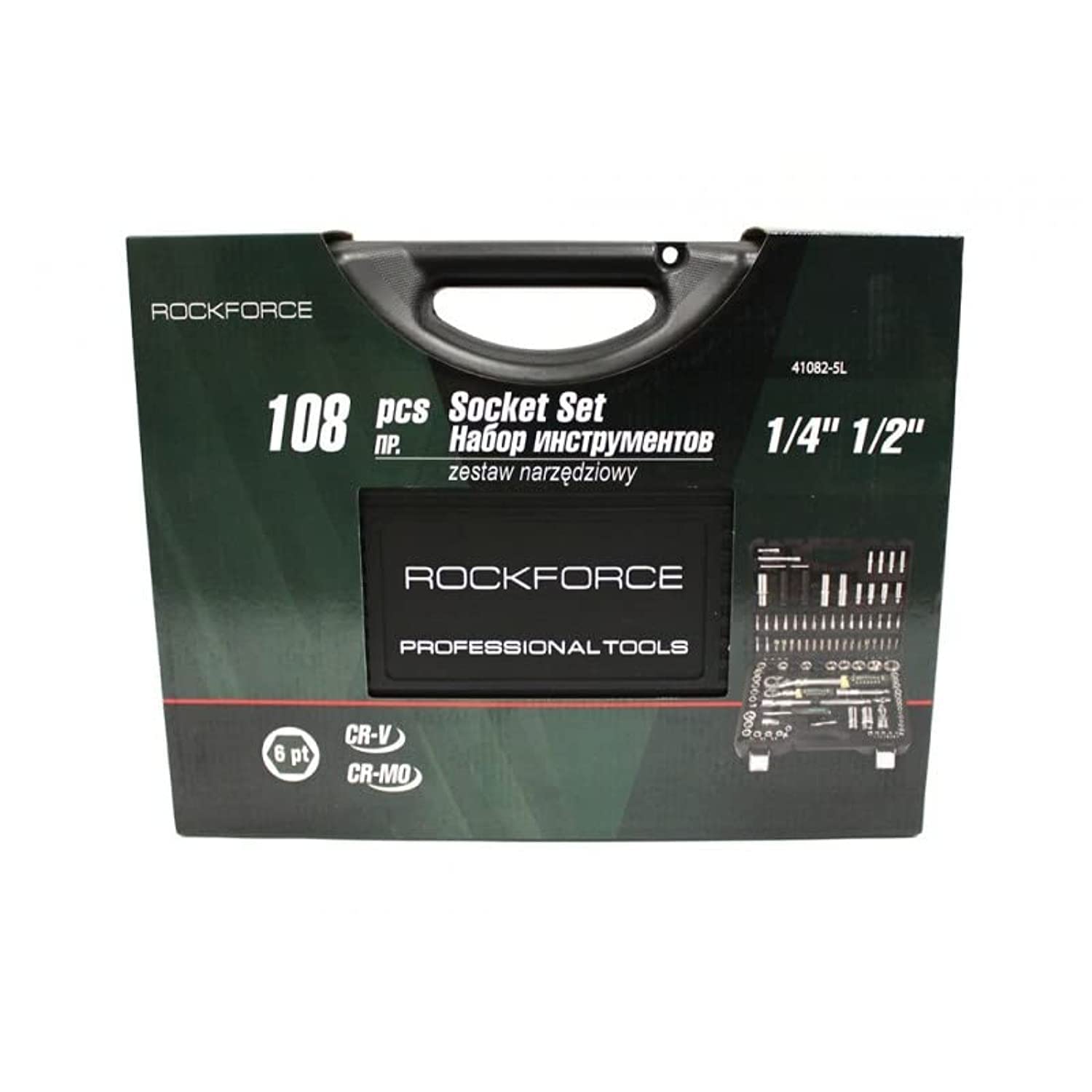 RockForce Professional Tool Kit with Telescopic Ratchets 108 pcs 1/4", 1/2" for Mechanics, DIY Home and Office, in a Plastic Suitcase