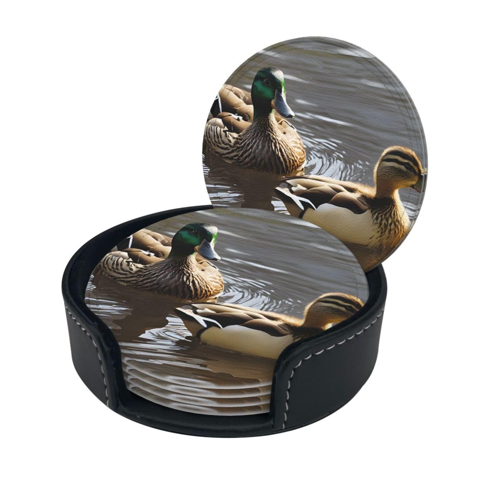 Mallard Duck Print Coaster,Round Leather Coasters with Storage Box for Wine Mugs,Cold Drinks and Cups Tabletop Protection (6 Piece)
