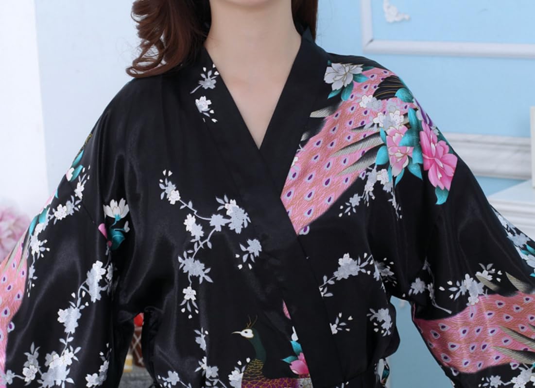 Genérico Bata Tipo Albornoces Kimono de Satén con Estampado de Pavo Real para Mujer,Ligera con Cuello en V,Ideal para Bodas,Fiestas,Novias,Ropa de Dormir de Seda para Estar en Casa.