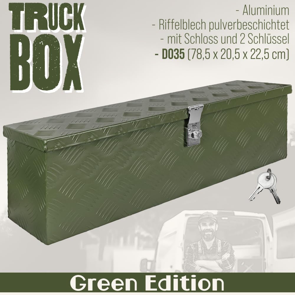 Trucky D035 skrzynka na dyszel, kolor zielony, skrzynka na narzędzia, aluminiowa skrzynka z przyczepą, zamykana, aluminiowa skrzynka transportowa, skrzynka na narzędzia, aluminiowa skrzynka do