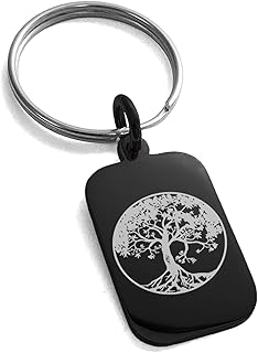 Tioneer Black Stainless Steel Tree of Life Symbol Small Rectangle Dog Tag Charm Keychain Keyring