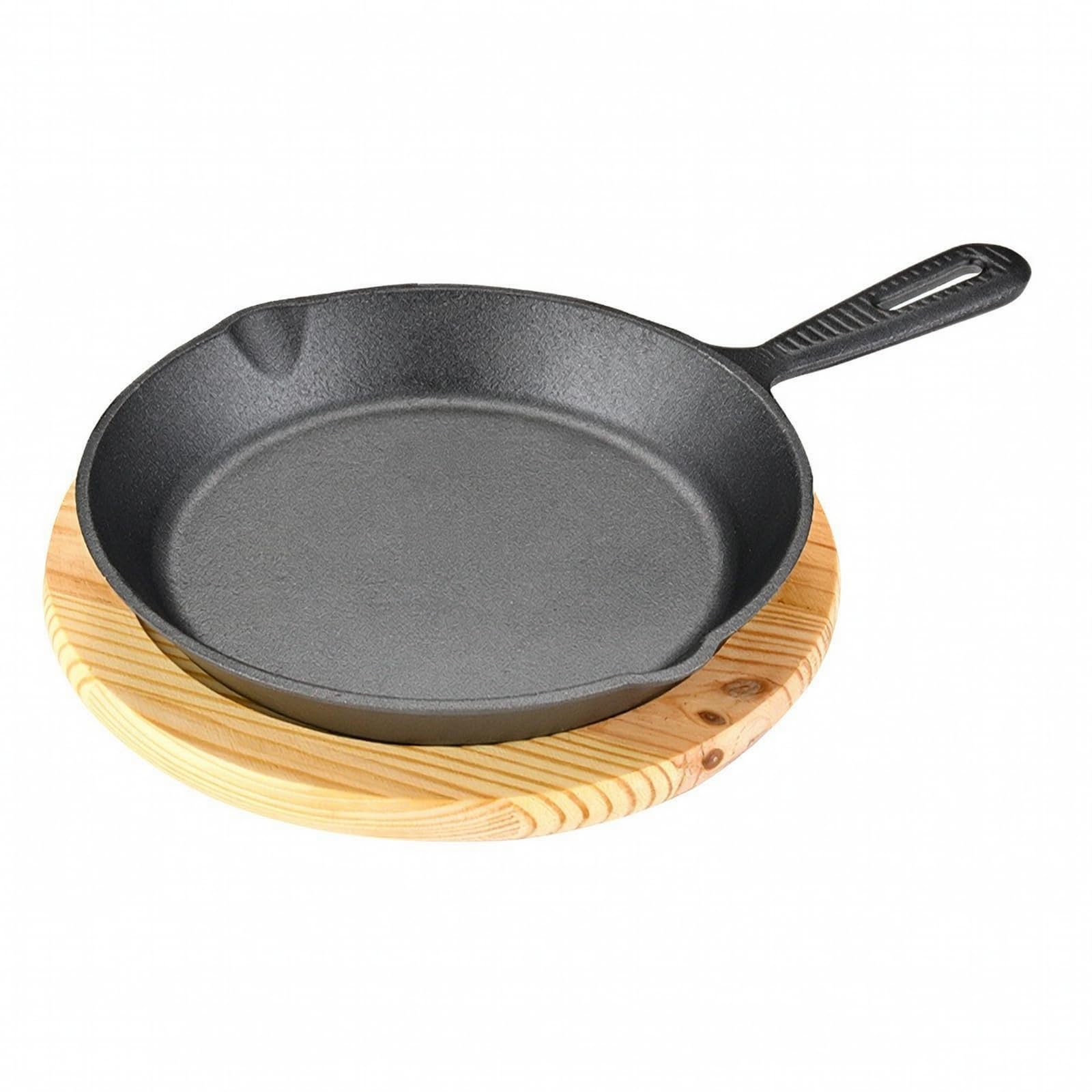 Leicht zu reinigen Bratpfanne | Gusseisern, Gusspfanne mit Holzuntersetzer, induktionsgeeignet, Servierpfanne mit Holzbrett, für Esstisch, Küche, 20CM