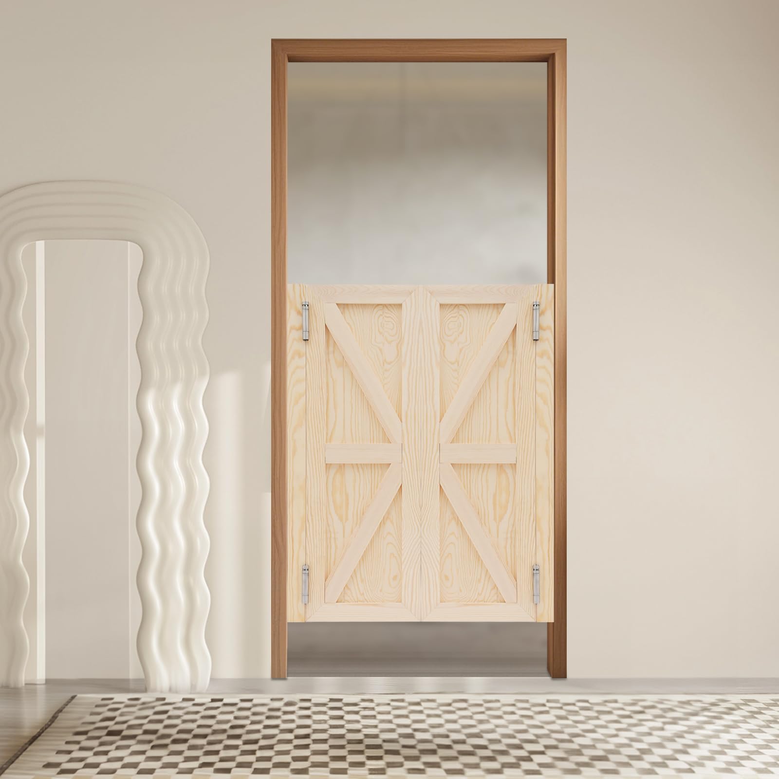 Puerta batiente, puerta oscilante, puerta oscilante de madera, puertas de madera para interiores, puerta corredera, puerta doble de madera de pino con patrón simétrico, adecuada para entrada, cocina