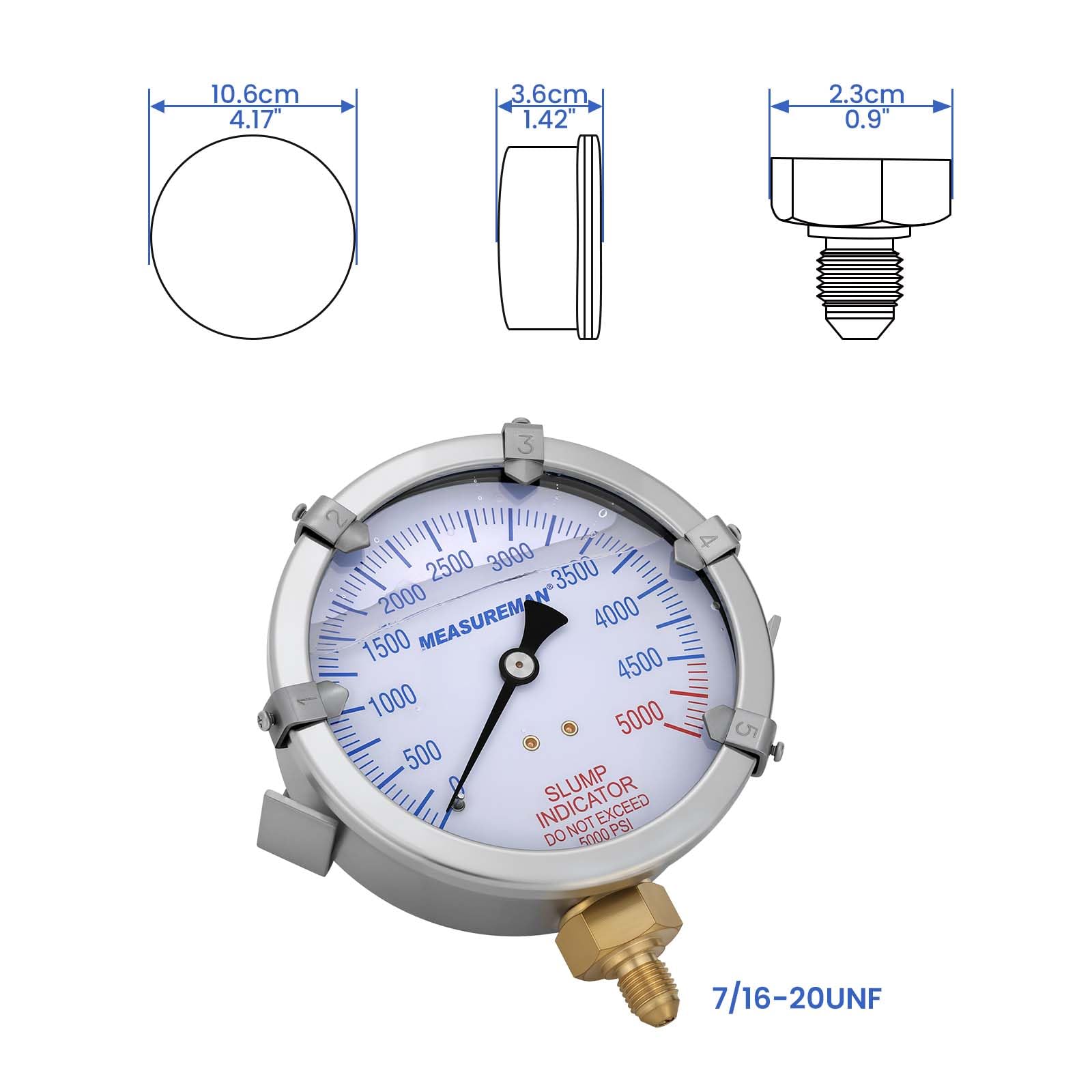 MEASUREMAN Indicador de caída de bomba de hormigón, esfera de 4 pulgadas, 0-5000 PSI con 5 punteros de objetivo ajustables, relleno de glicerina, caja de acero inoxidable 304, montaje inferior 7/16