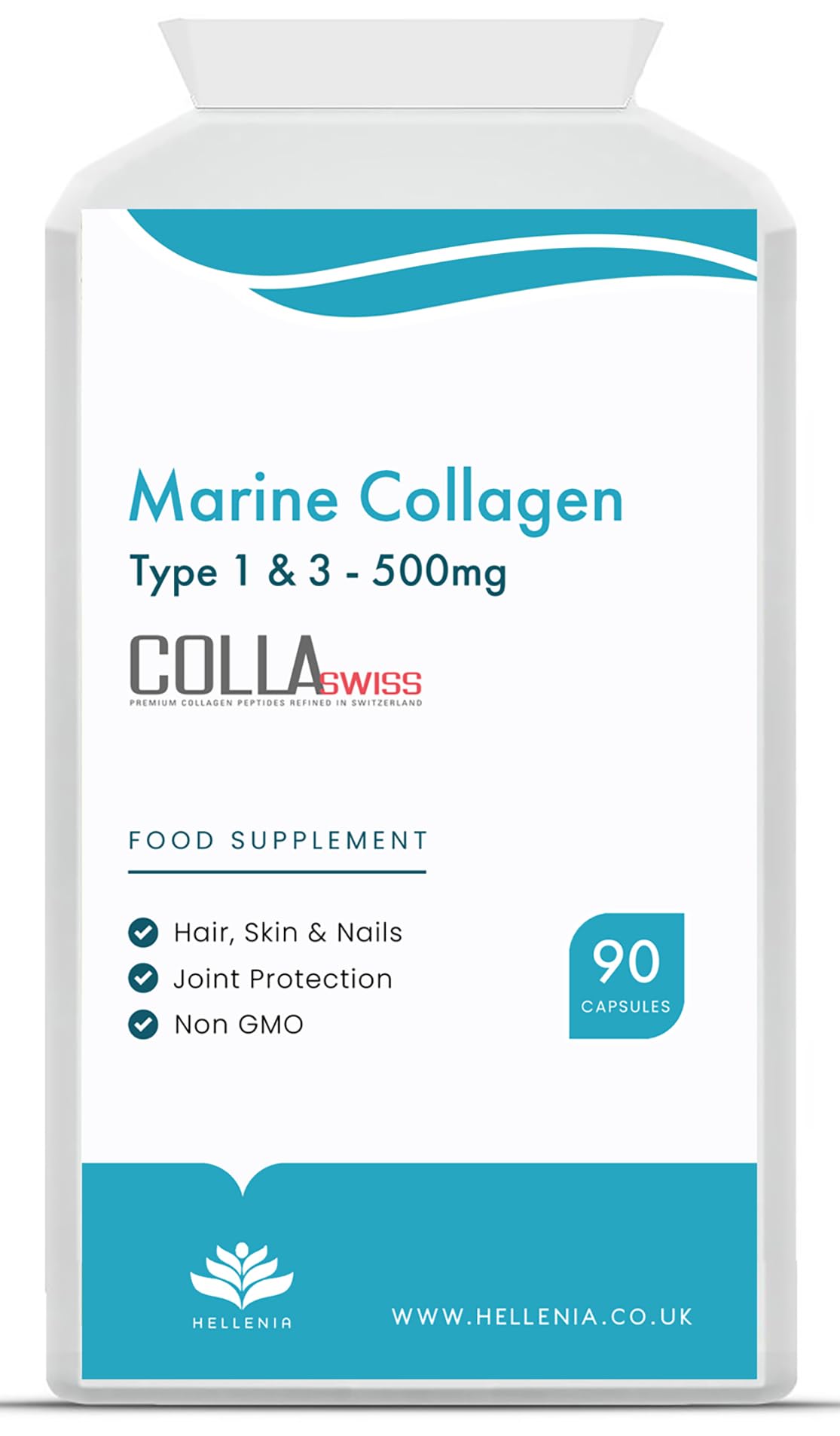 CollaSwiss® Marine Collagen Type 1 & 3-500mg | for Healthy Hair, Skin and Nails | Hydrolysed Collagen Peptides | 90 Capsules - Made in The UK by Hellenia