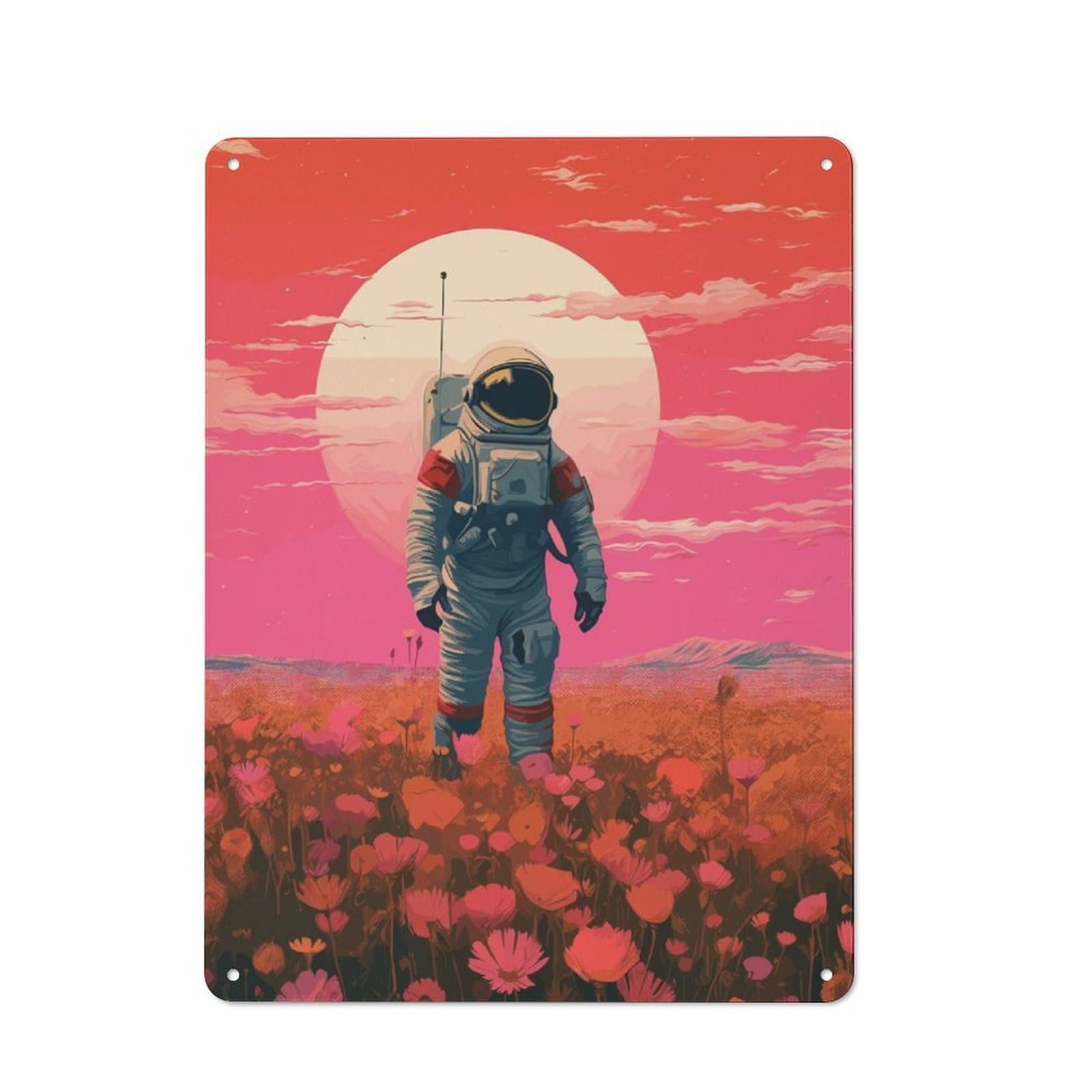 Junmoney Astronaut Painting Flower Classic Metal Wall Decor 40X30cm, Metal Sign For Cafe, Pub, Workshop Or Home Bar, Small Accent For Blank Walls