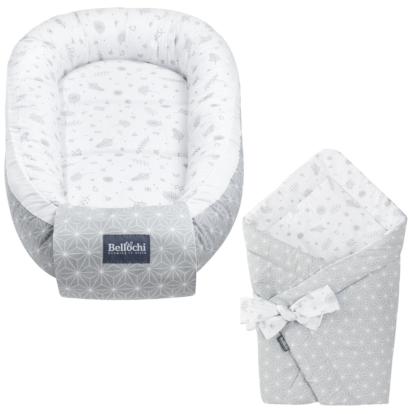 Bellochi 2in1 Set Baby Nest Pod and Swaddle Blanket - Baby Sleep Pod for Newborn with Protective Edges - Baby Swaddle Wrap - 100% Cotton - Oeko-TEX Certified - Star Copse