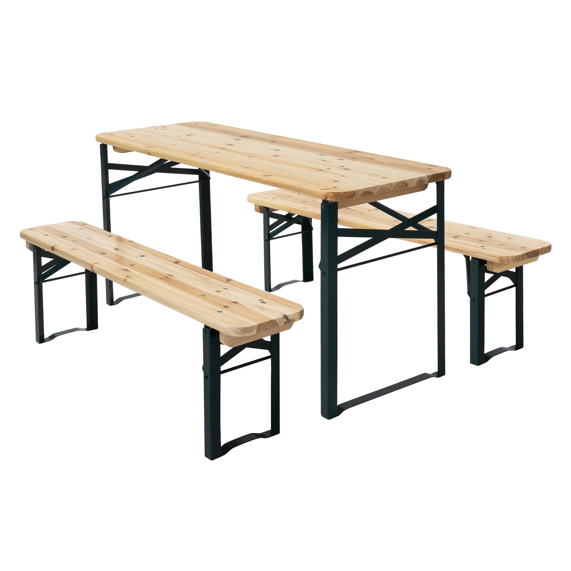 ML-Design Set da Picnic per Bambini 3 Pezzi Pieghevole Naturale/Verde Legno Massello e Metallo Set con Tavolo e 2 Panche per Esterno Arredo Giardino Tavolo da Festa per Bambini Gruppo Sedute da Picnic