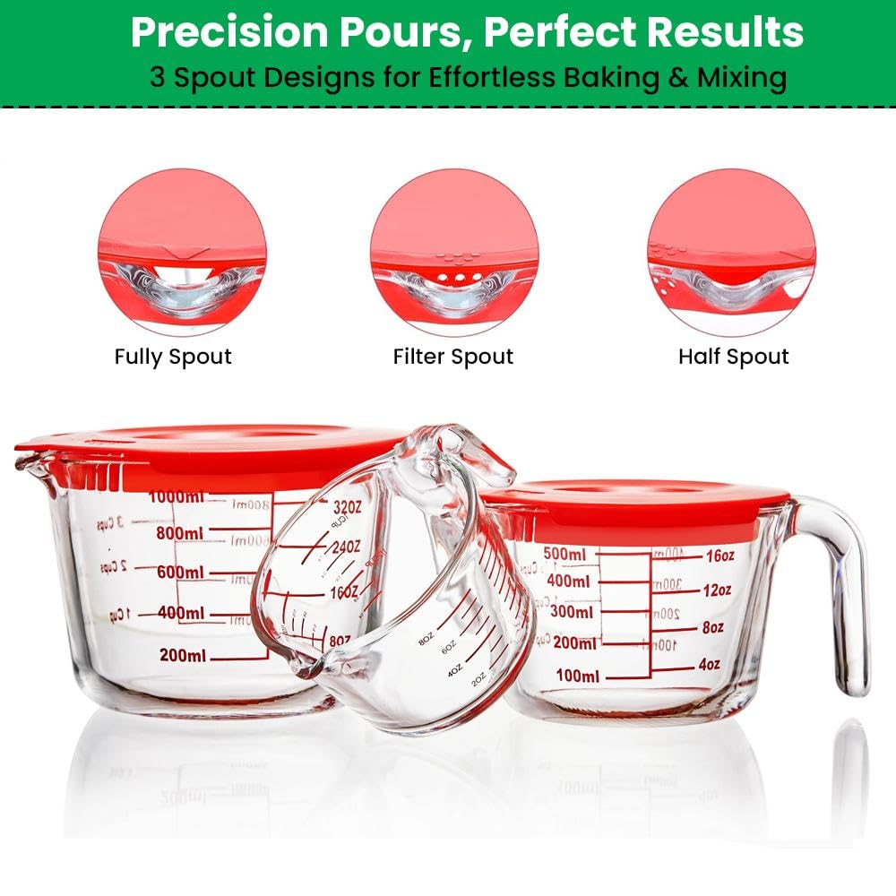 Home & Treat 6 Copas Medidoras de Cristal de Medición con 3 Tapas, Capacidad y Escala, 1 Taza/250 ml, 2 Tazas/500 ml, 4 Tazas/1000 ml, Jarras Medidoras Transparentes con Tapa y Asa para Cocina