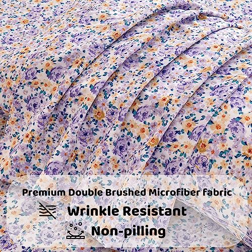 Image of Mooreeke Floral King Bed Sheets, Soft Microfiber Vintage Printed Bedding Sheets & Pillowcases, Deep Pocket Non-Slip Fitted King Sheet, Purple Yellow Flower Pattern Bedsheets