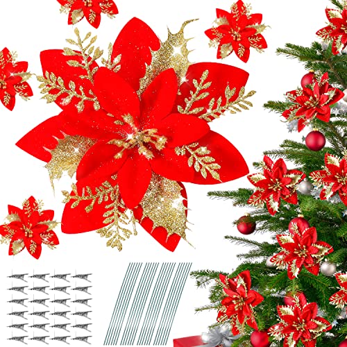 JUSTOYOU Lot de 24 poinsettia artificielles rouges - 14 cm - Décorations de Noël artificielles pour décoration de fête avec clips et tiges - Paillettes - Rouge Cover
