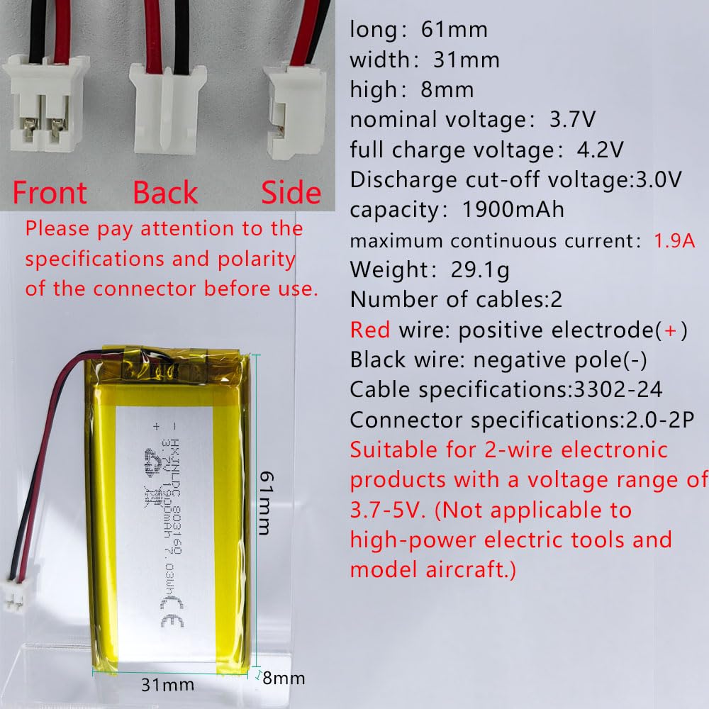 Amazon.com: HXJNLDC DC 3.7V1900mAh 803160 Rechargeable Lithium