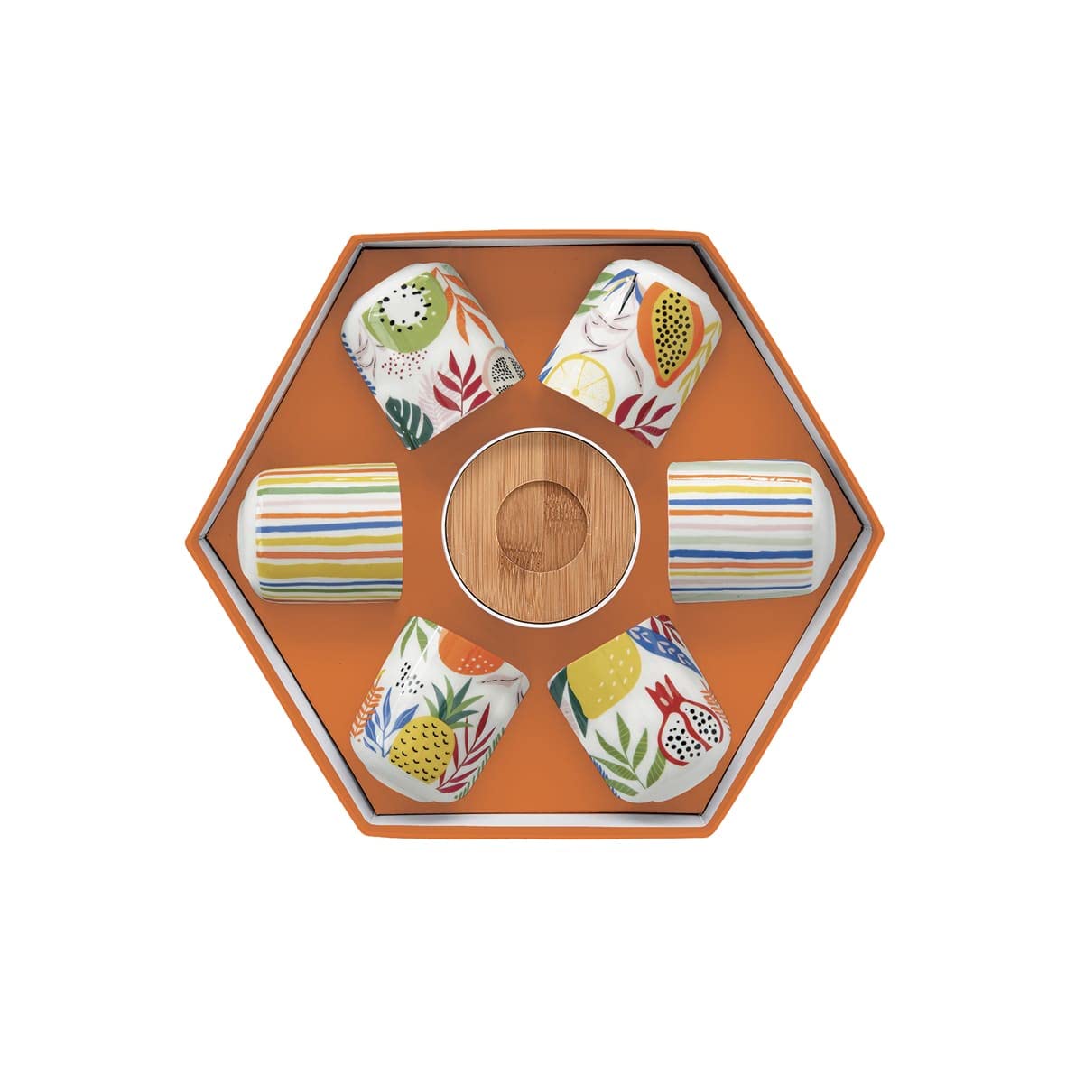 Easy Life - Coffret 6 Tasses A Cafe en Porcelaine sous Tasses en Bois Tutti Frutti - EASYLIFE