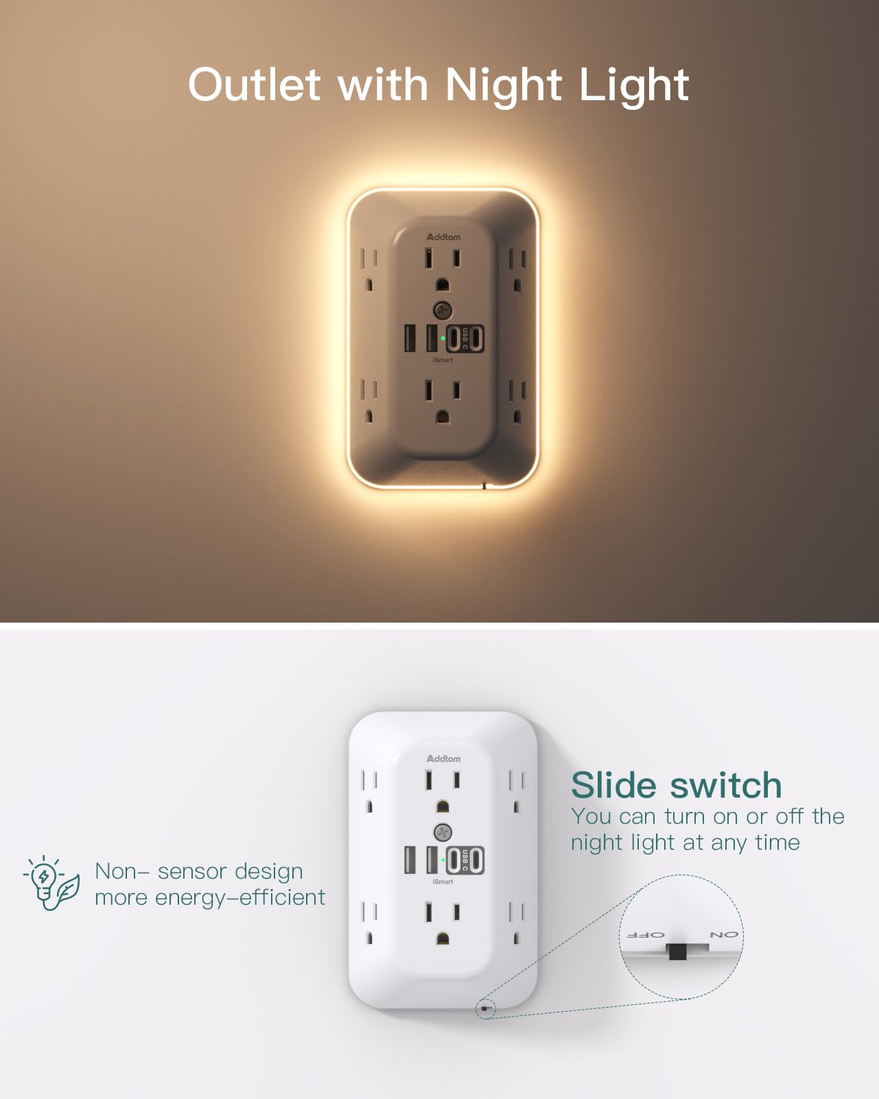 Addtam Surge Protector Outlet Extender, 6 Outlet Splitter with Night Light and 4 USB Wall Charger(2 USB-C Ports), Multi Plug Wall Outlet Power Strip for Home Office Dorm Room Essentials — view 3