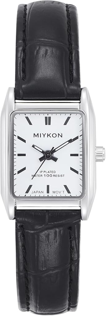 Miykon Vintage Watches for Women - Small Dainty Tank Square Ladies Watch with Genuine Leather Strap - Second Hand, Japanese Quartz, 100 Feet Water Resistant, Indexes, silver case, white dial, 22 mm