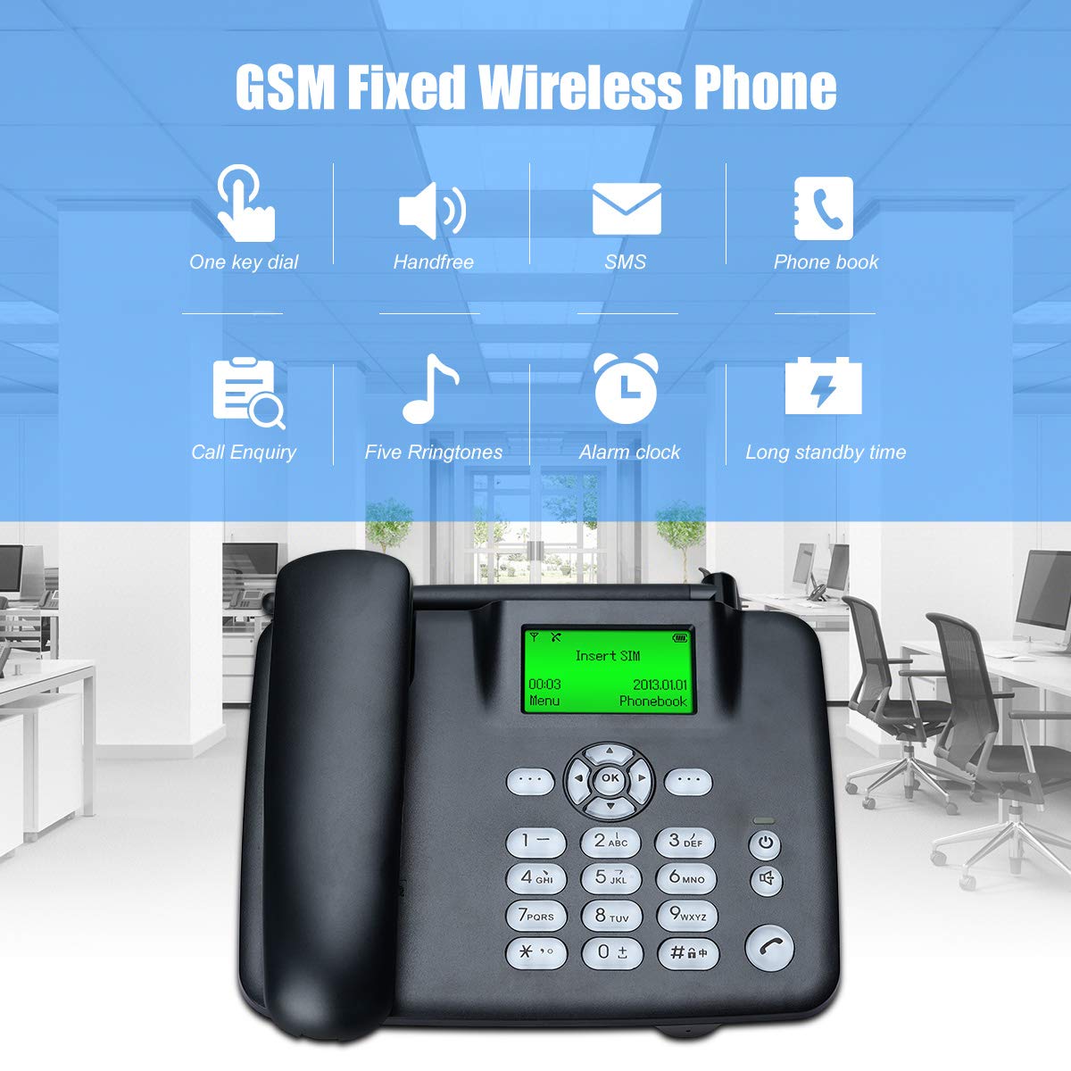 Lychee Tarjeta SIM Cuatribanda gsm Teléfono Fijo Pare tu Oficina o Familia,Multifuncional(Identificación de Llamadas, Manos Libres,Pantalla retroiluminada,Radio, Despertador)