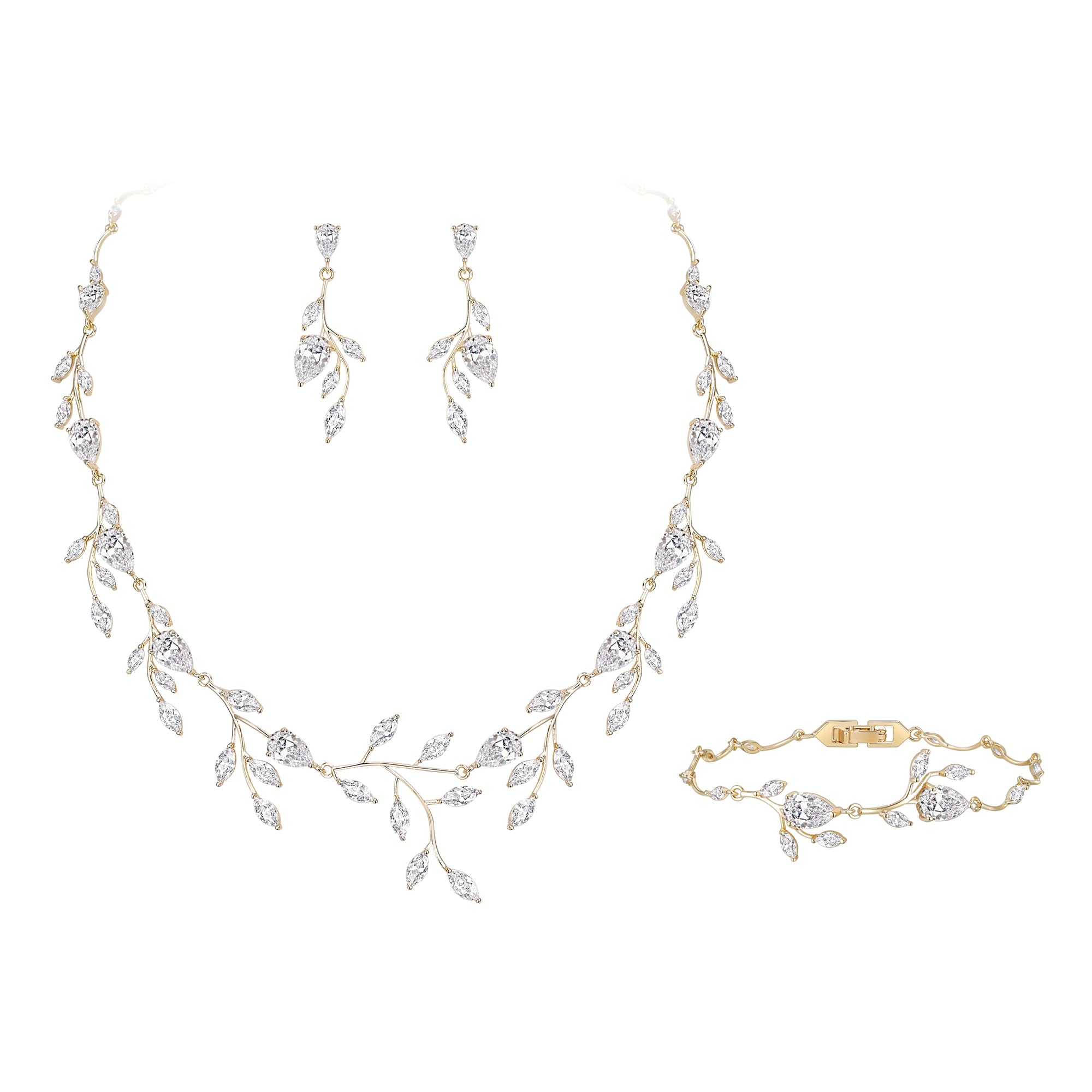 EVER FAITH Wedding Jewelry for Bride Women Bridesmaid, Sparkly Cubic Zirconia Pear-Shaped Birthstone Leaf Necklace Earrings Set for Prom