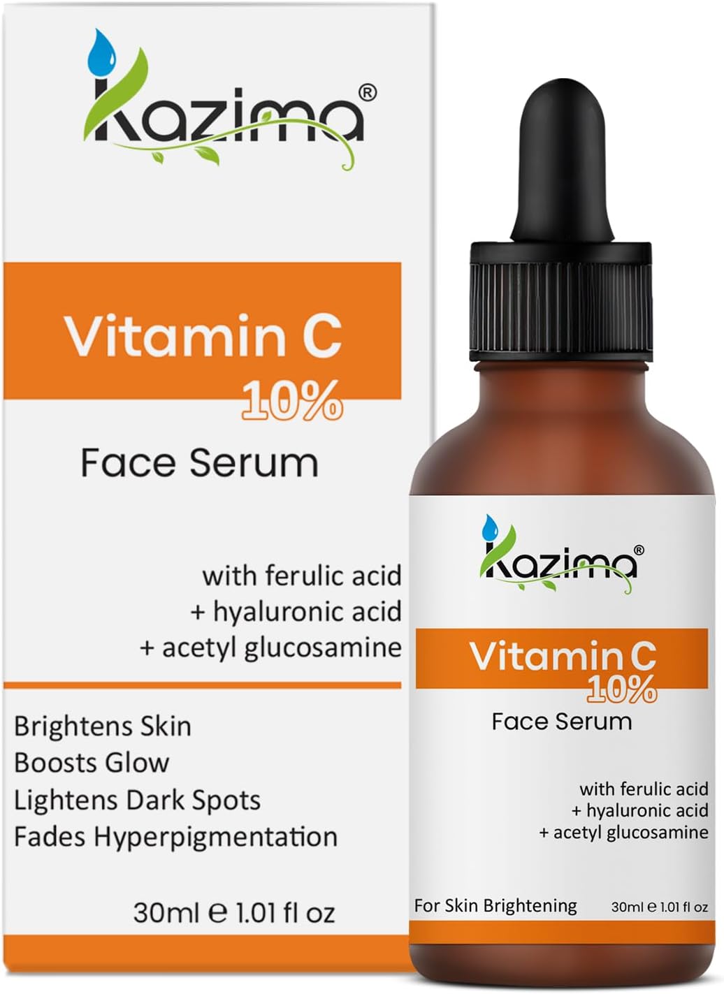 KAZIMA 10% Vitamin C Face Serum for Glowing Skin with 0.5% Ferulic Acid | Targets Dark Spot & Hyperpigmentation | For Dull Skin | Vitamin C Serum for Oily Skin | Suitable for Men & Women | 30 ml