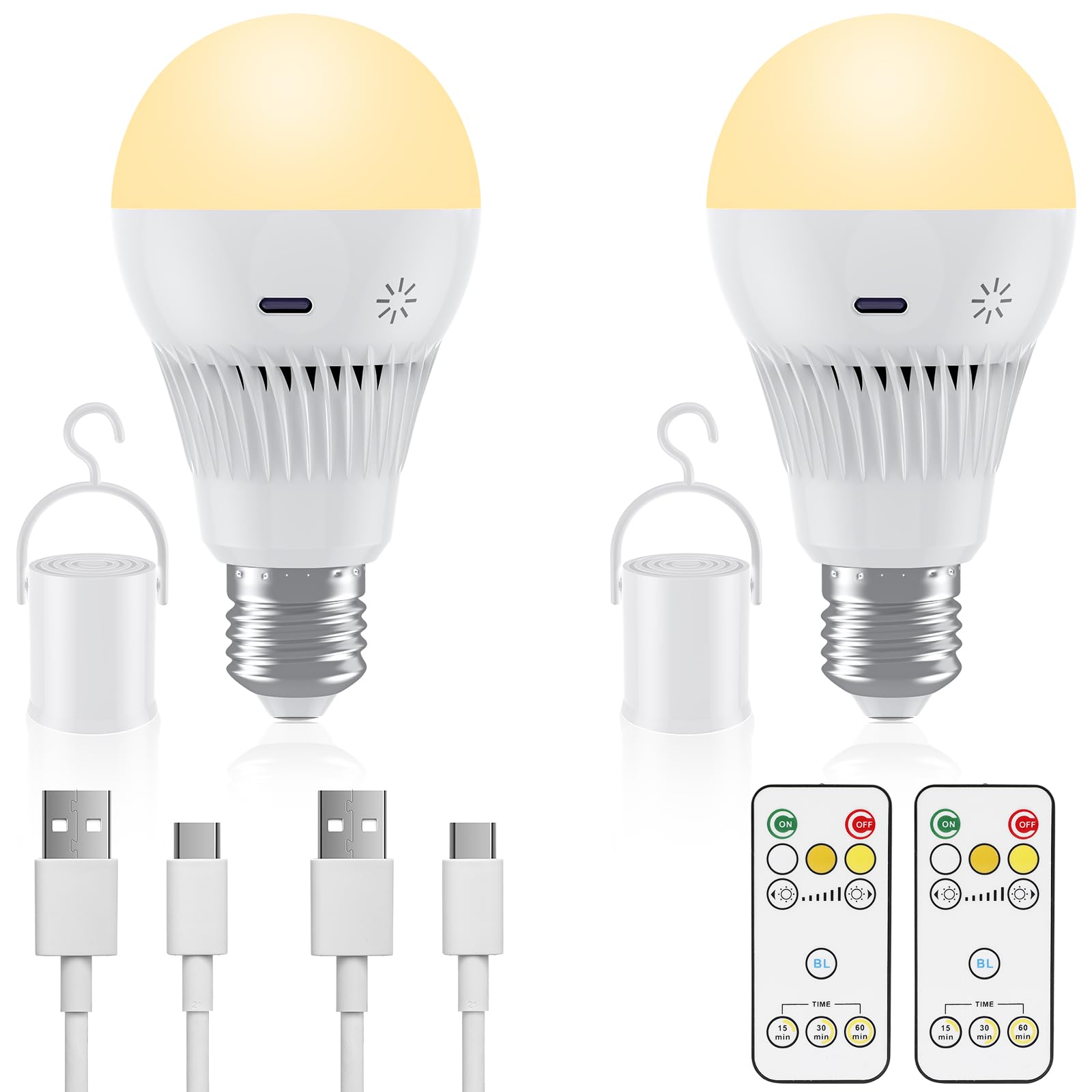 Lampadina Ricaricabile USB C Con Telecomando, 9W Lampadina Senza Fili Con 3 Colore, E27 Lampadina LED Dimmerabile Touch Control Con Timing, 3000mAh Luce di Emergenza Con Gancio per Casa ed Esterni