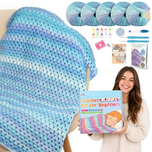 Image of Aeelike Blanket Crochet Kit for Beginners, Super Easy Crochet Blanket Kit with Soft & Colorful Gradient Yarns Detailed Video Tutorials Accessories, Ideal Gift for Crocheter & Aurora Blue Gradient