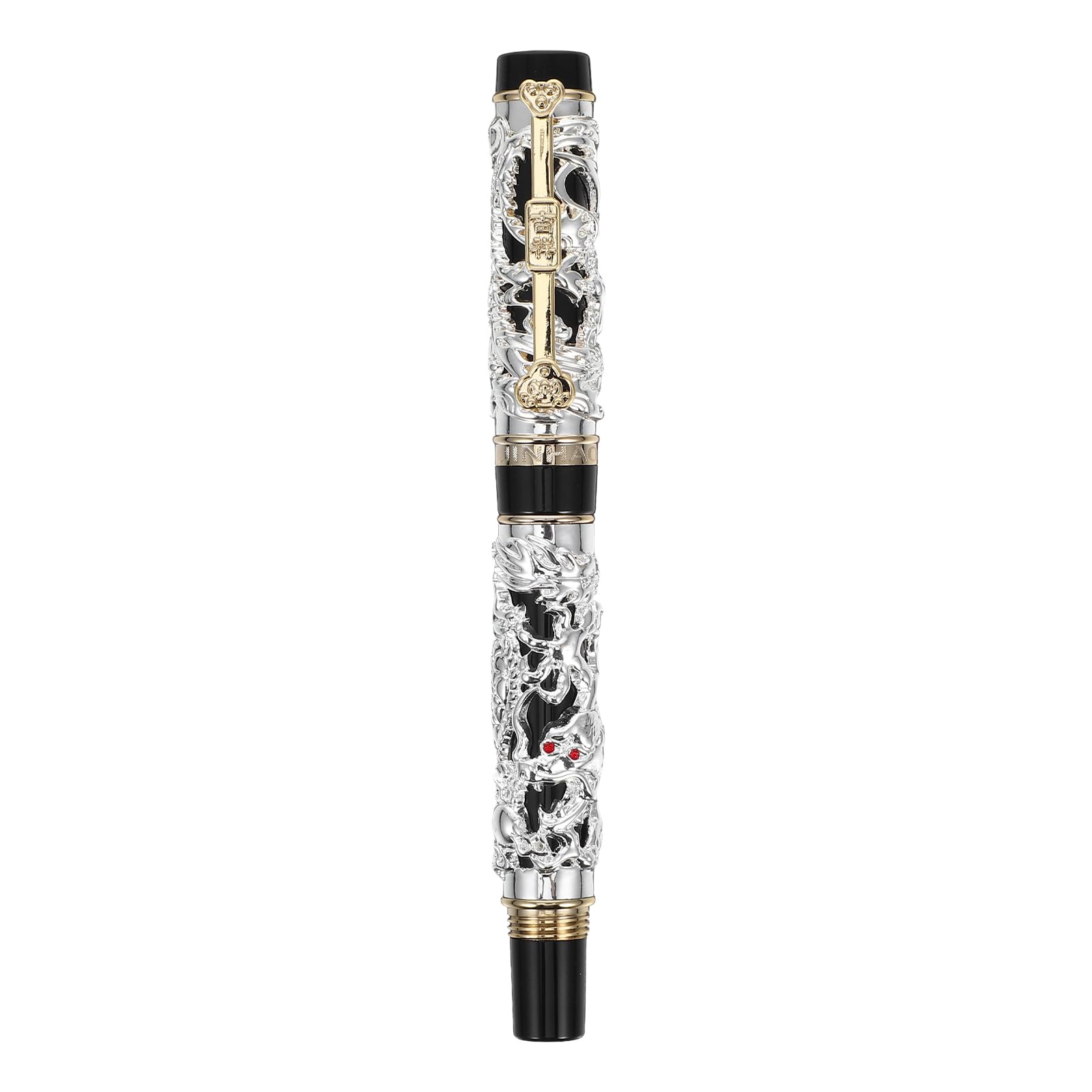 Chinesischer Füllfederhalter aus Zinklegierung, Silber, Vintage | Drachen und Phönixmotiv, für Schreiben und Zeichnen, Elegantes Design mit Glatter Tintenführung