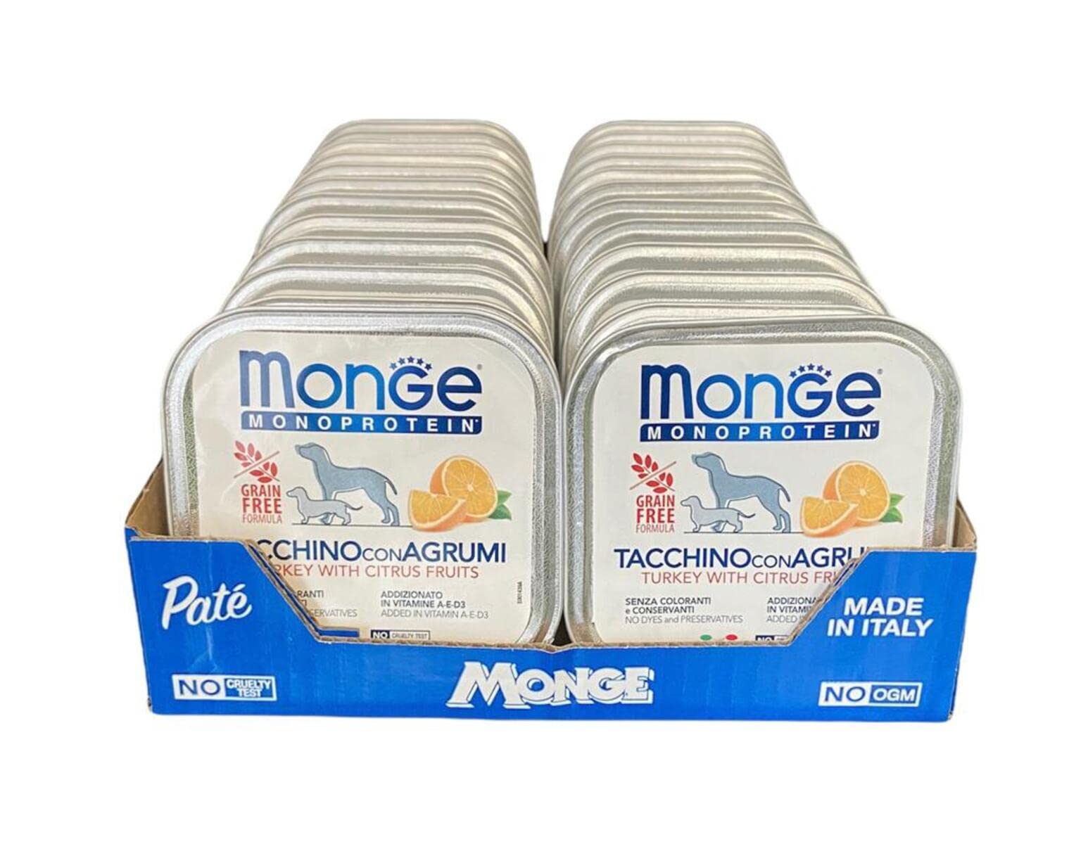 Monge Monoprotein Cibo umido per Cane solo Tacchino con Agrumi, naturalmente senza coloranti, conservanti e zuccheri aggiunti. Confezione da 24 vaschette (1 = 150gr.)