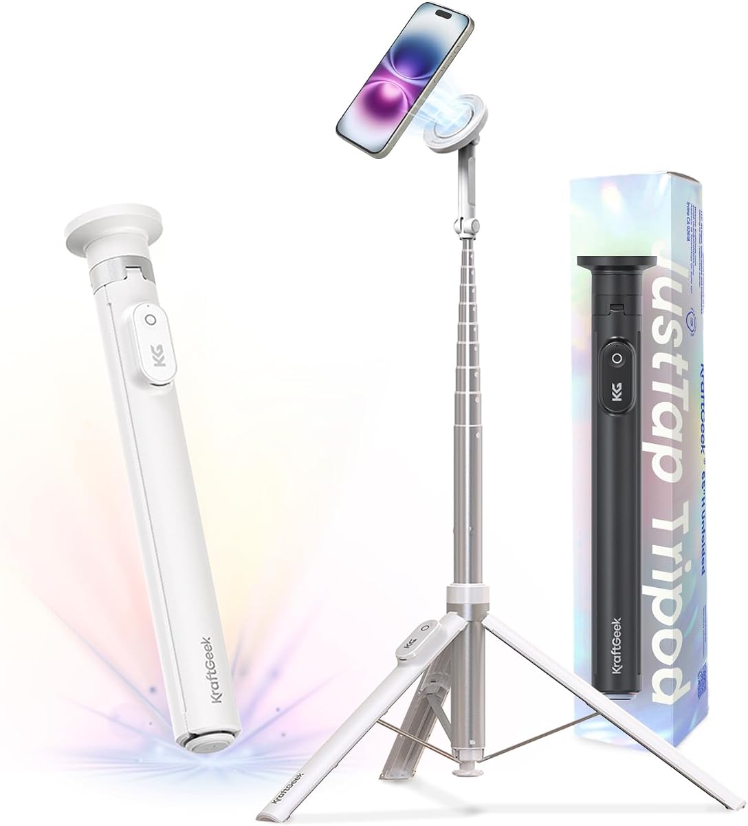 Trípode magnético para teléfono KraftGeek para iPhone, trípode JustTap para MagSafe | Trípode/palo Selfie de apertura automática de 66 pulgadas, soporte magnético N52, trípode para teléfono portátil para viajes, grabación de vídeo y Vlogging