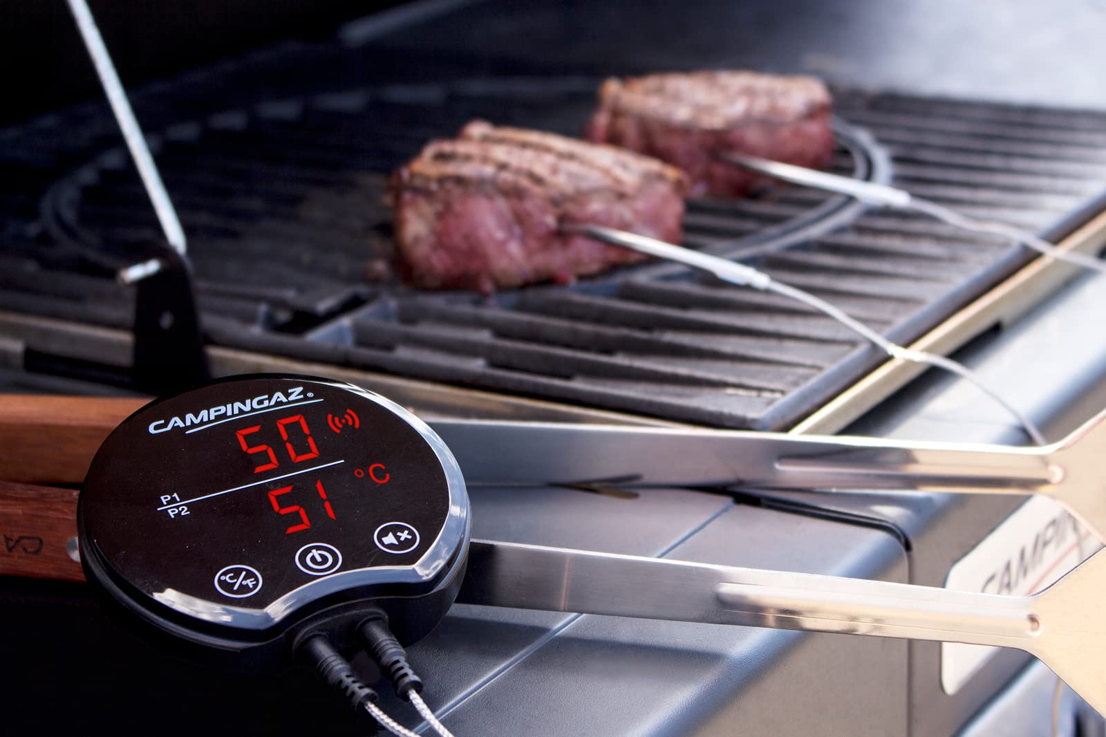 Campingaz Grillthermometer mit Bluetooth Technologie, kabelloses Steak Thermometer, Fleischthermometer mit 2 Sonden und Timer, kostenlose App für IOS und Android