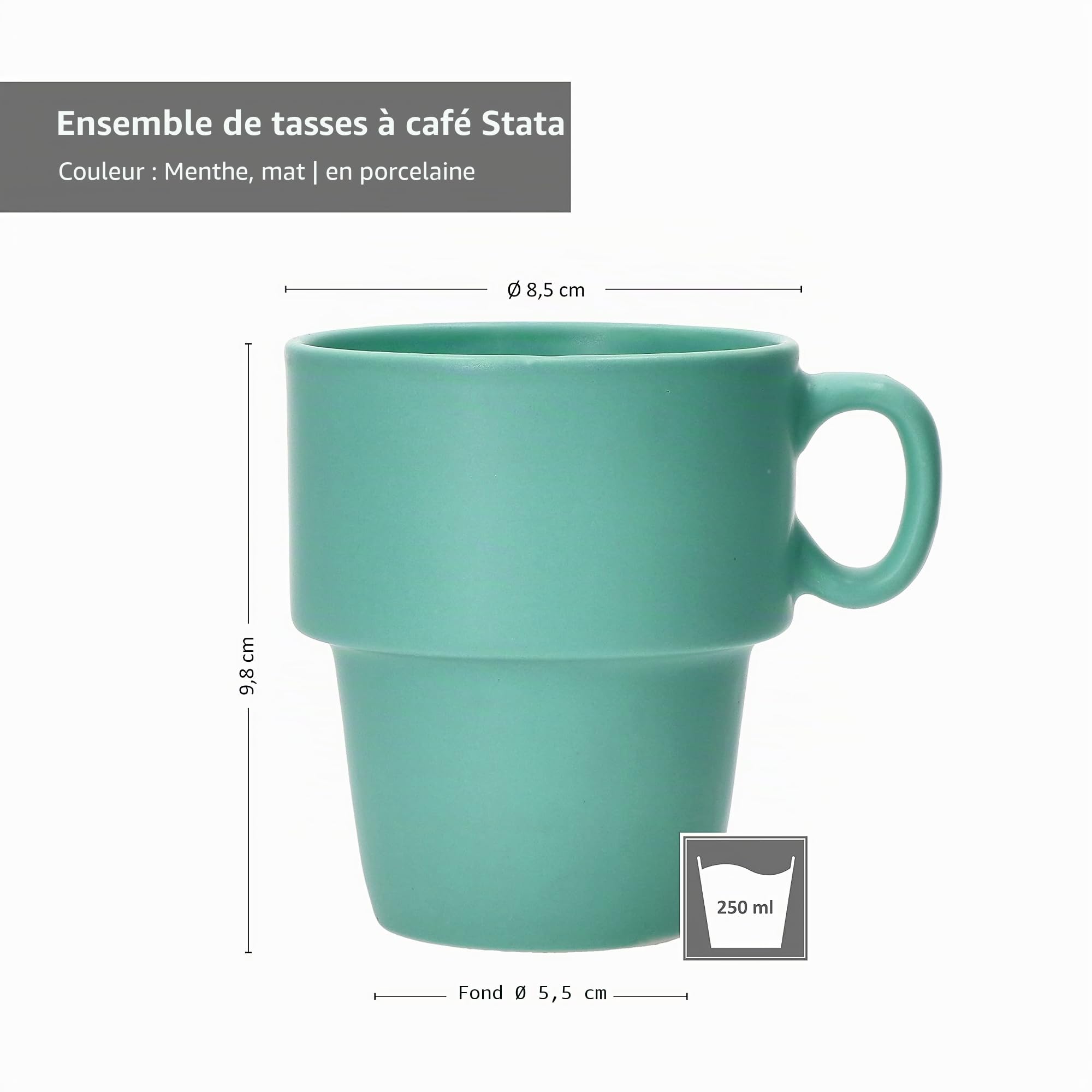 MamboCat Lot de 6 tasses à café Stata avec support, 250 ml, en porcelaine, empilables, avec anse, pour café, thé, cacao, cappuccino et latte macchiato pour la maison ou le buffet