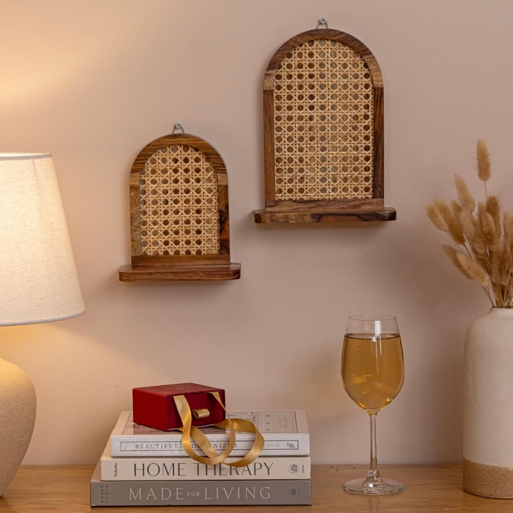 Handcrafted Wood and Rattan Arched Wall Shelves - Set of 2 Boho Floating Display Shelves for Succulents, Crystals, and Decor - Small & Large Arched Cane Wall Art for Bedroom, Bathroom, or Entryway-image-48
