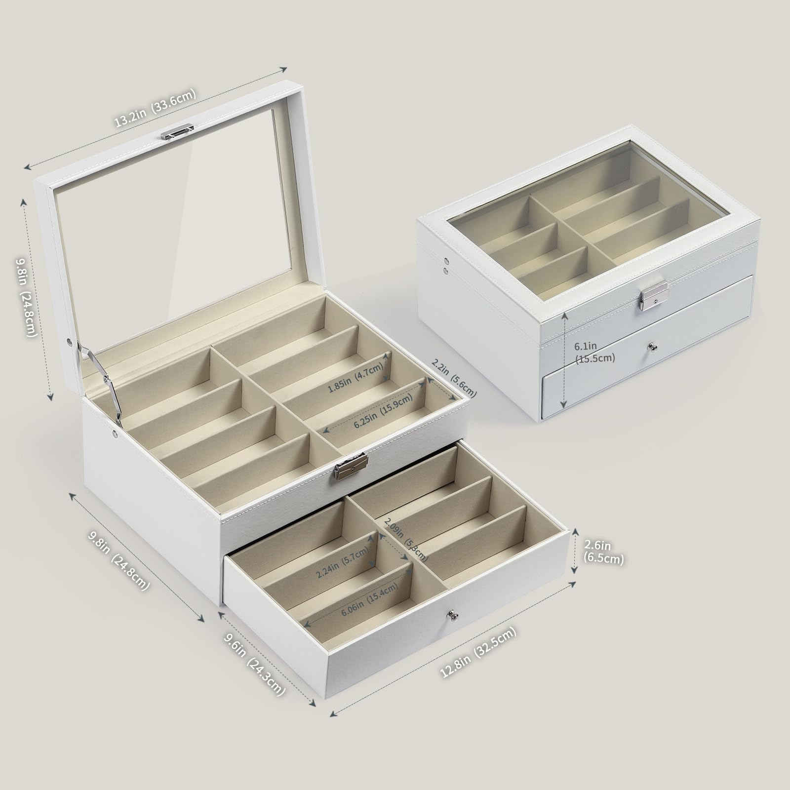 AUTOARK Organizador de cuero para 16 piezas para gafas y gafas de sol,Organizador con cerradura,Blanco,AW-151 | Expositor de gafas de sol, cajón con cerradura