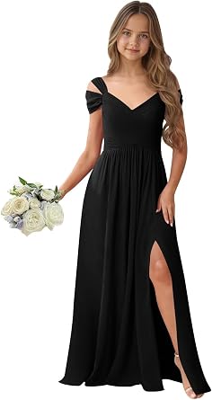 V Neck Flower Girl Fancy Dress for Teens Black Off The Shoulder Chiffon Junior Bridesmaid Dresses Formal Party Gowns US14